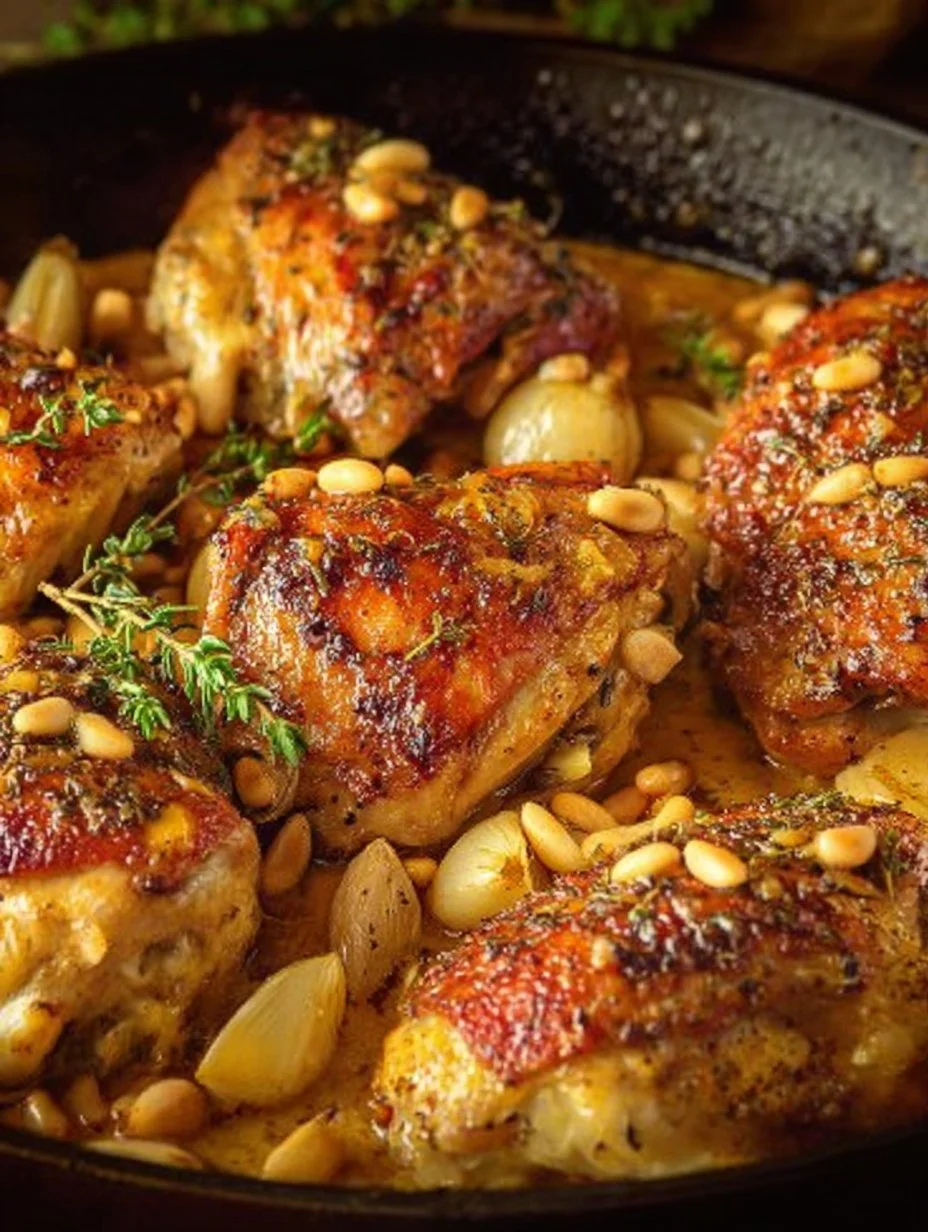 Delicious rustic roasted garlic chicken served on a wooden platter