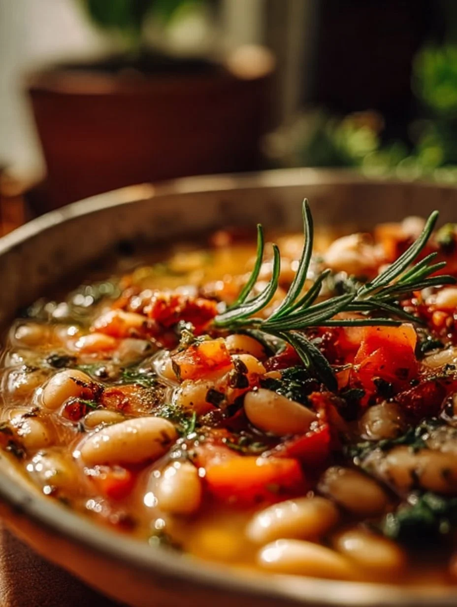 Bowl of Rustic Tuscan Bean Soup garnished with fresh herbs