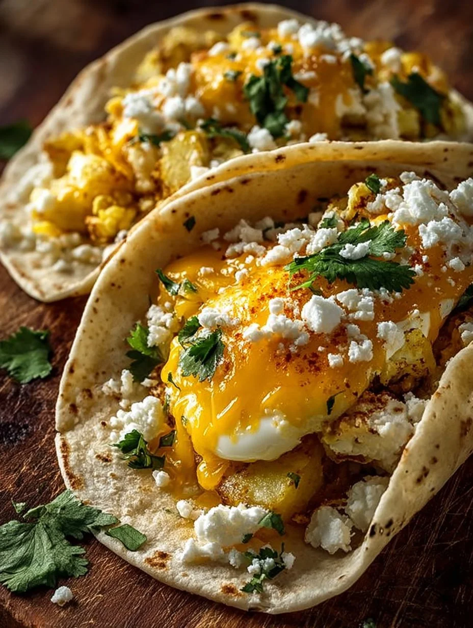 Savory potato egg and cheese breakfast tacos served on a plate