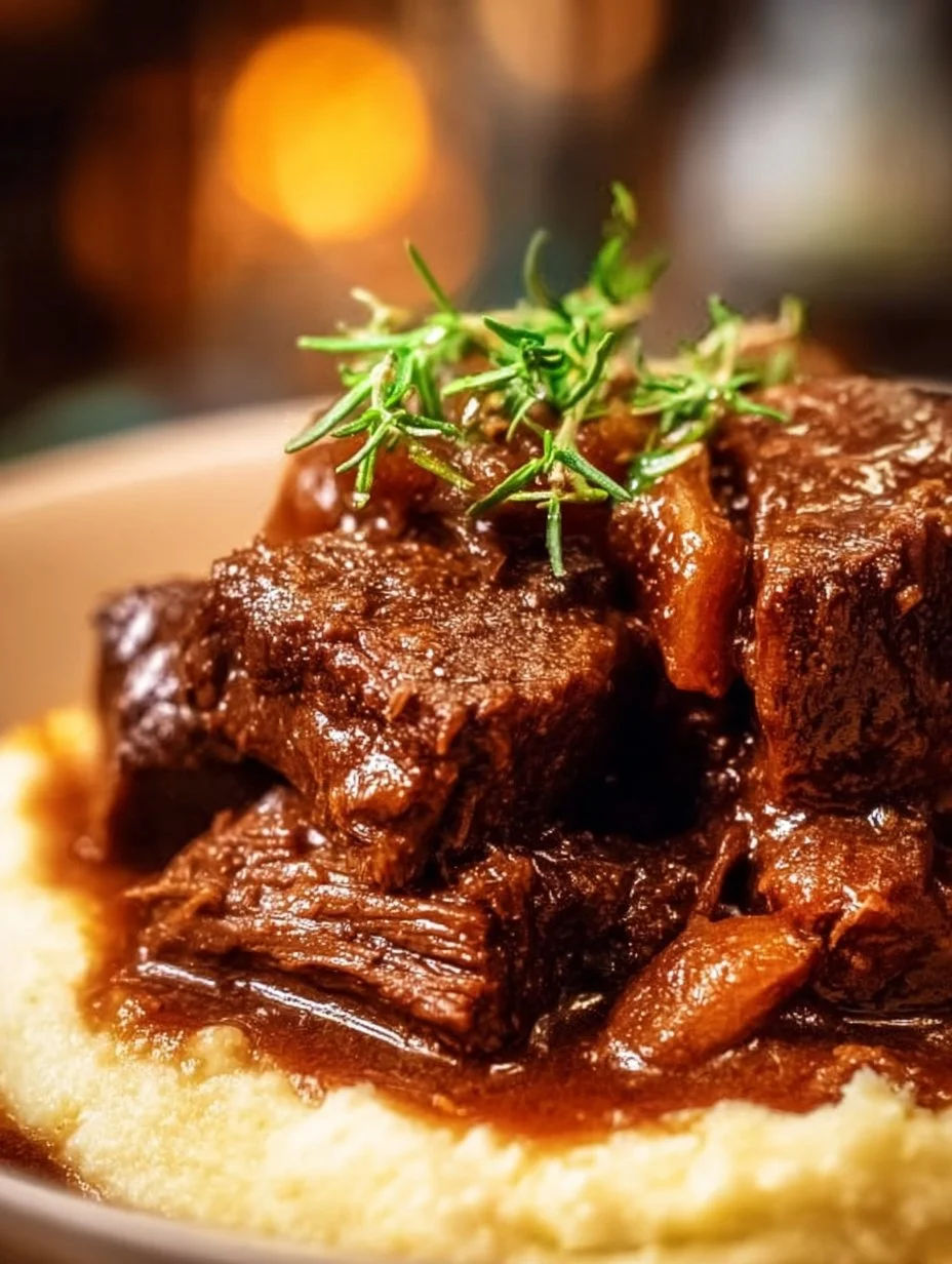 Delicious Slow Cooker Beef Manhattan served on a plate with gravy.