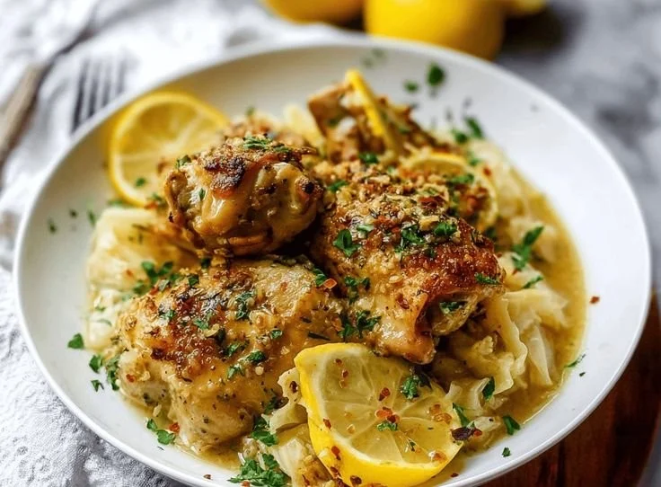 Delicious slow cooker chicken thighs garnished with herbs