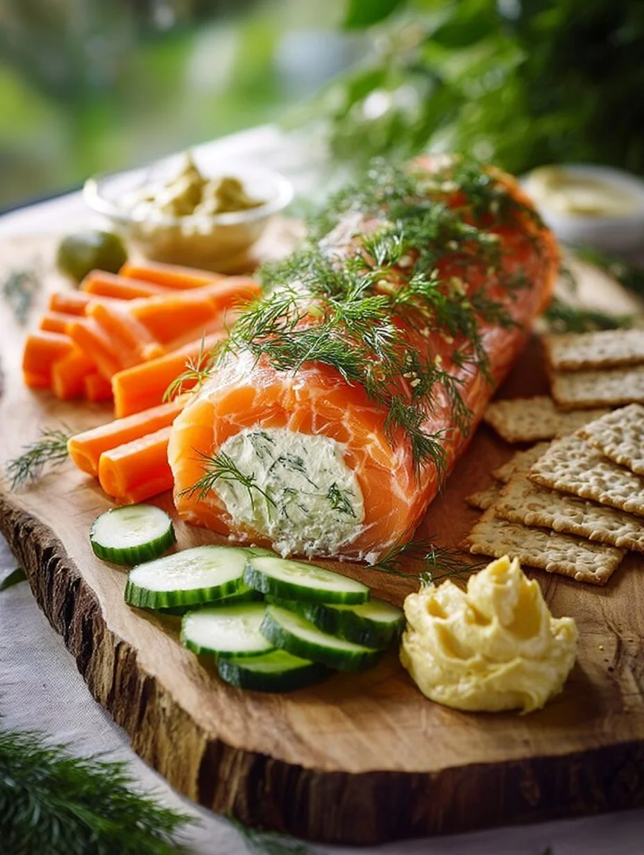 Smoked salmon and cream cheese log served on a platter with crackers and herbs.