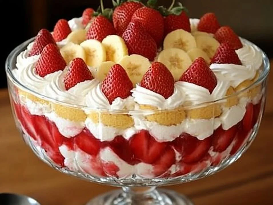 Delicious Southern strawberry punch bowl cake served in a festive bowl.