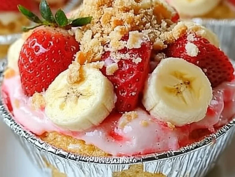 Strawberry cheesecake banana pudding dessert with fresh strawberries and bananas.
