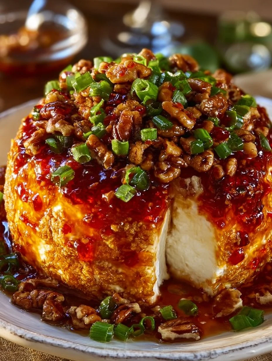 Sweet-Heat Pepper Jelly Cheese Ball with Cheddar served on a platter