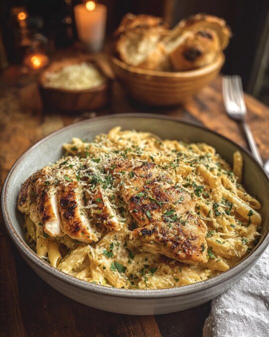Garlic Parmesan Chicken Pasta with fresh parsley