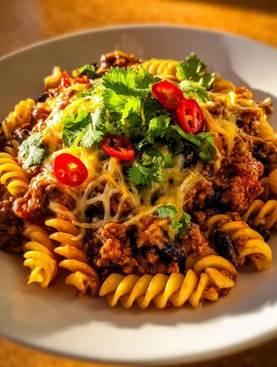 Delicious taco pasta dish served in a bowl with toppings