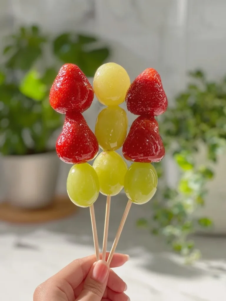 A plate of Tanghulu, traditional Chinese candied fruit on skewers, glistening with syrup.