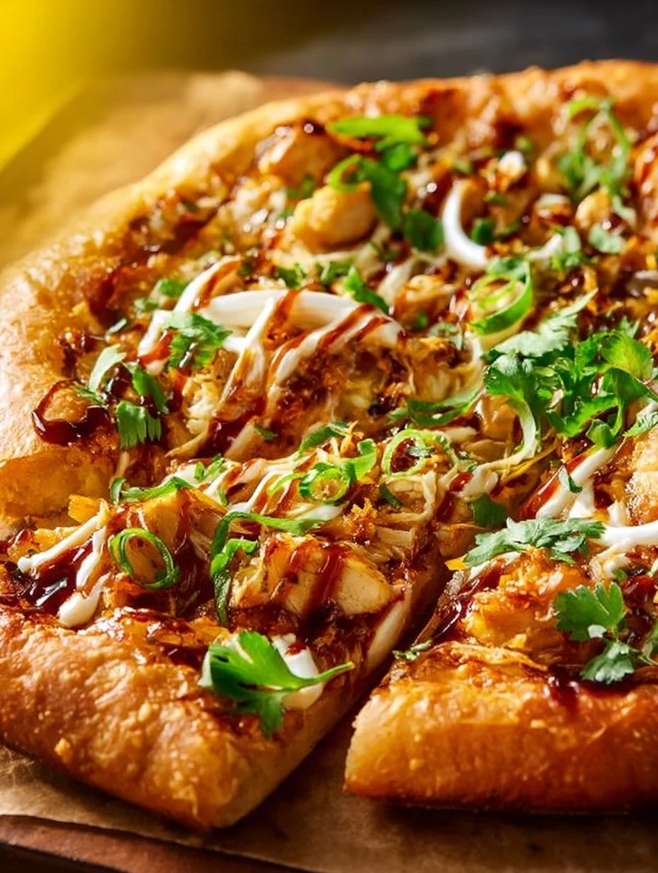 Thai Chicken Pizza topped with savory peanut sauce and fresh ingredients