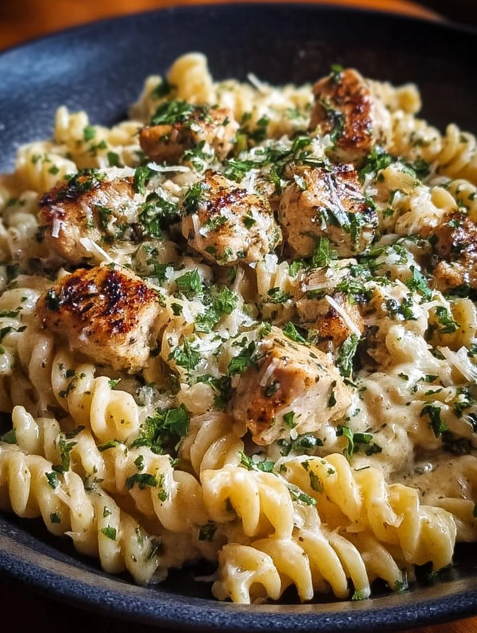 Creamy crockpot garlic parmesan chicken pasta served in a bowl