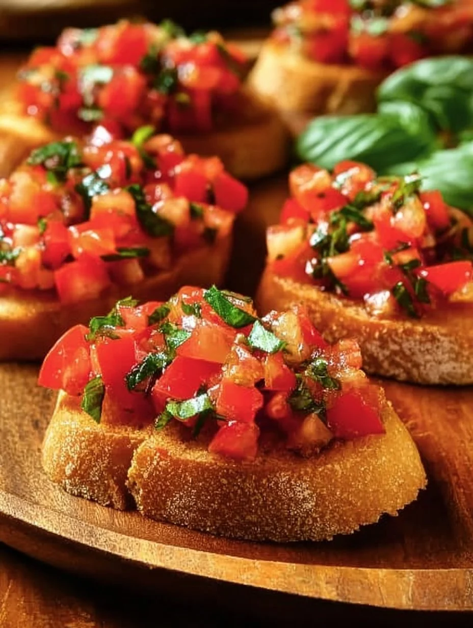 Delicious Tomato Basil Bruschetta served on toasted bread with fresh ingredients.