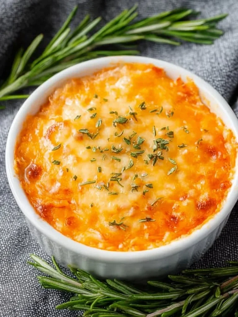 Twice-Baked Sweet Potato Gratin topped with herbs and cheese in a baking dish