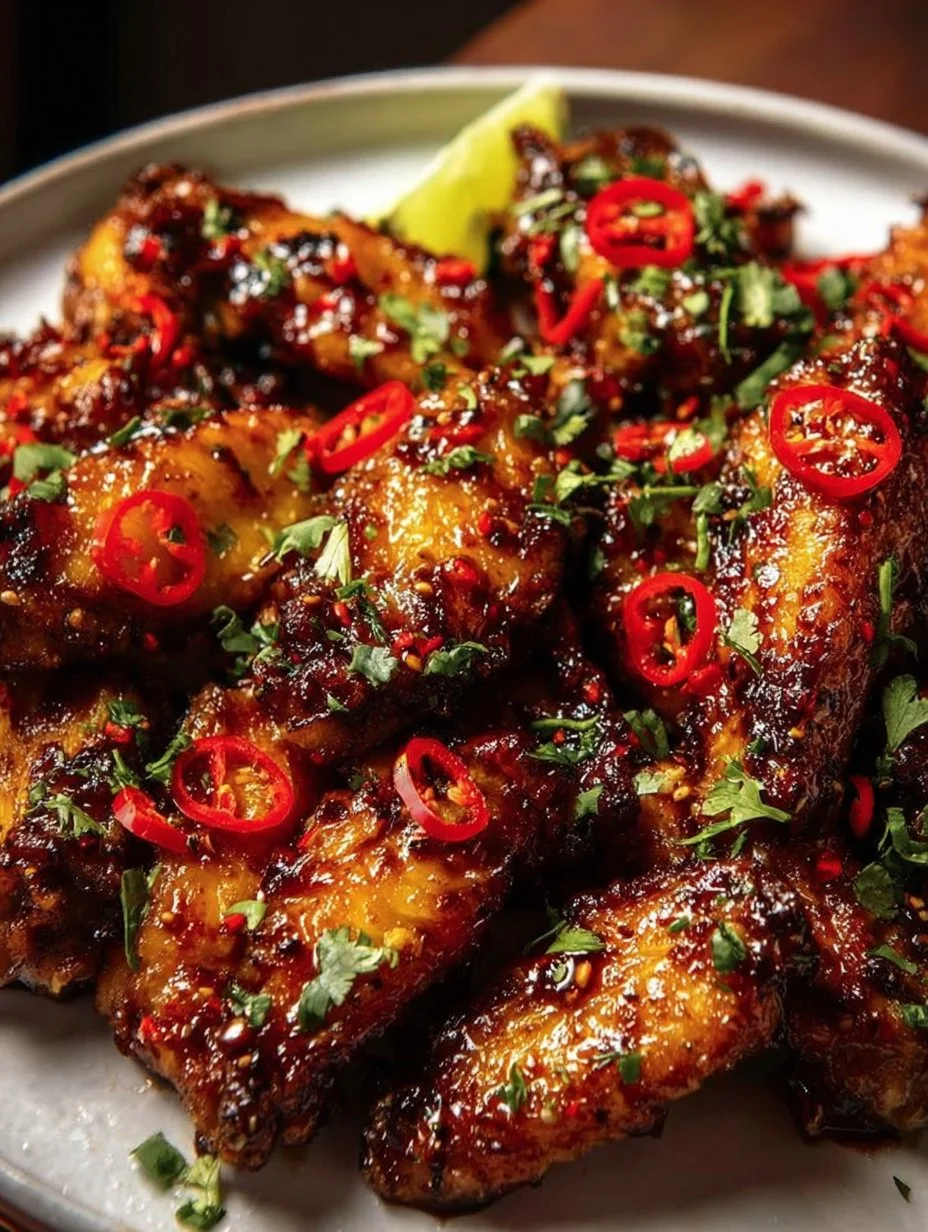 Ultimate pineapple-teriyaki chicken wings served on a platter with garnishes.