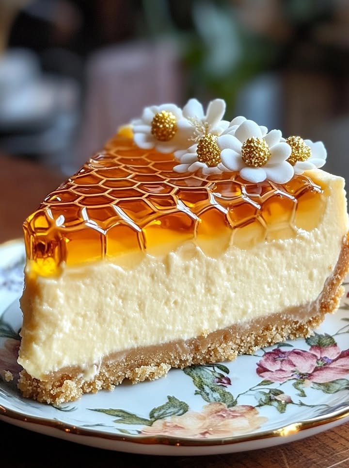 Golden Honeycomb Vanilla Cheesecake with Sugar Blossom Garnish