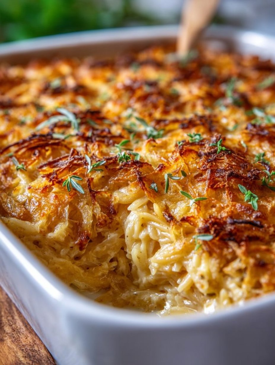French Onion Chicken Orzo Casserole