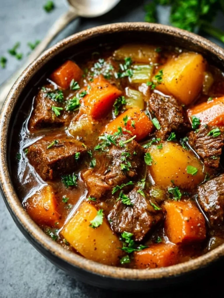 Delicious Witch's Cauldron Beef Stew simmering in a pot, ready to serve.