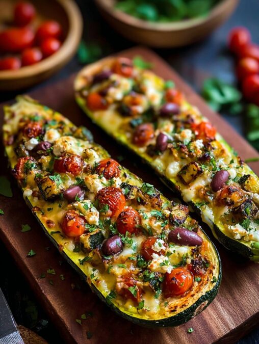 Stuffed zucchini boats ready to serve
