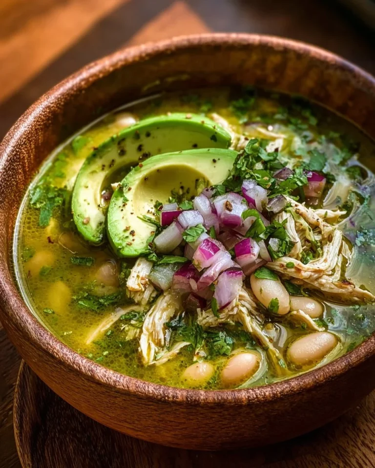 Bowl of zesty green chicken chili soup with white beans and avocado garnish