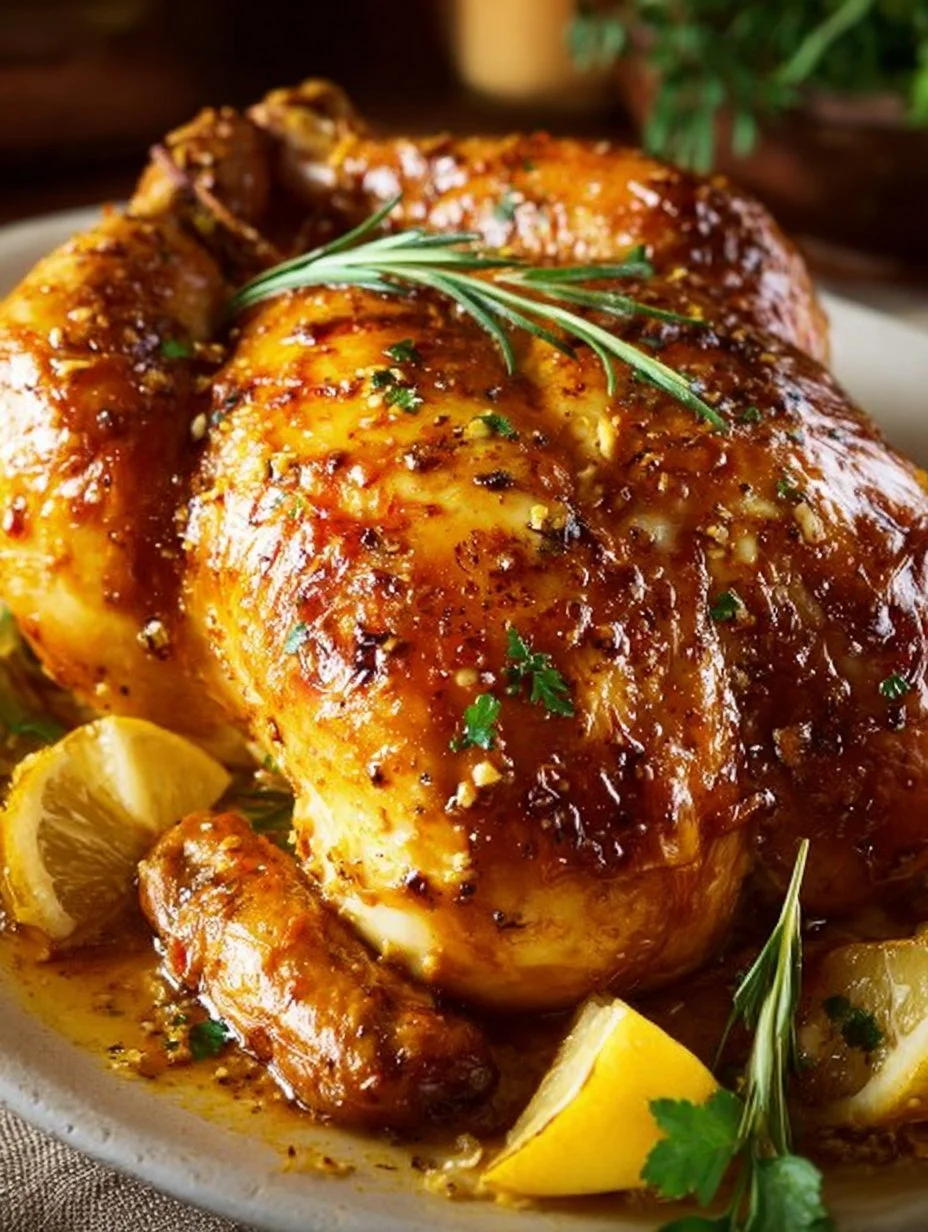 Zesty lemon-pepper and garlic whole chicken ready to serve.