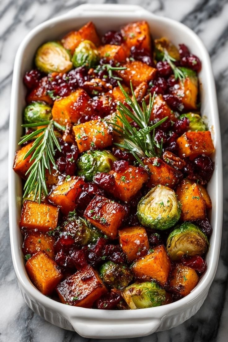 Roasted Butternut Squash and Brussels Sprouts with Pecans and Cranberries