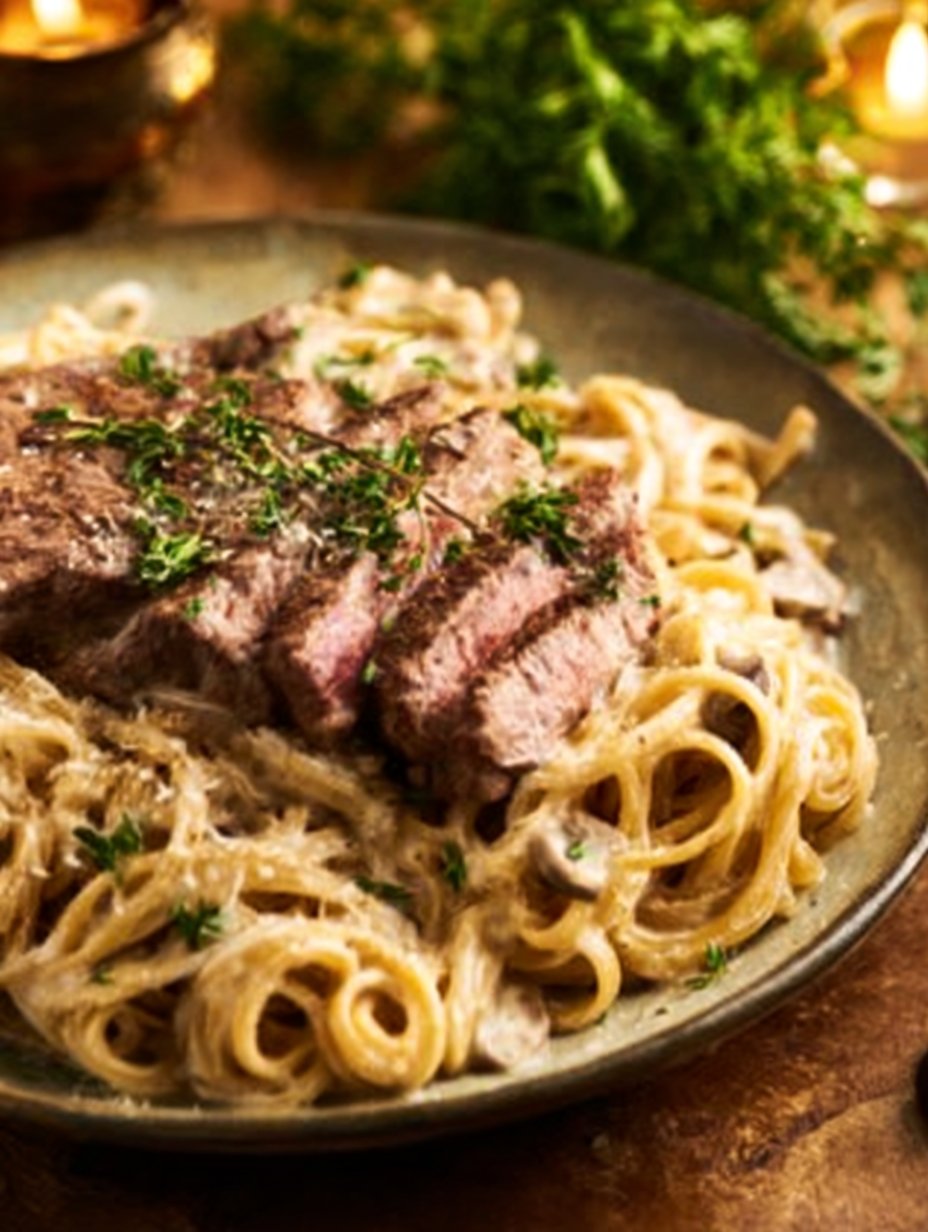Creamy Steak Pasta with Dairy Free Alfredo Sauce