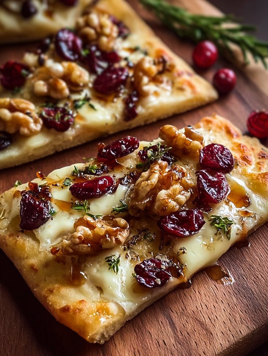 Crispy Flatbread with Brie, Cranberries & Toasted Walnuts with a Maple Syrup Drizzle