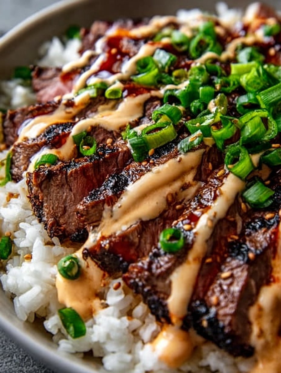 Korean BBQ Steak Rice Bowls with Spicy Cream Sauce