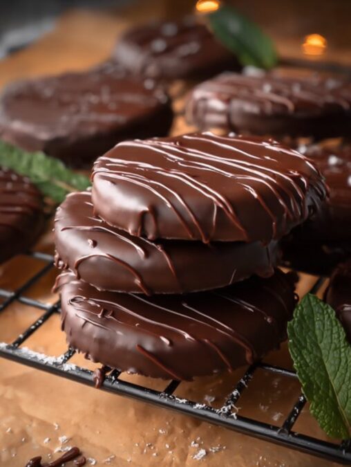 Healthy Homemade Thin Mint Cookies plated, glossy chocolate, cool mint aroma