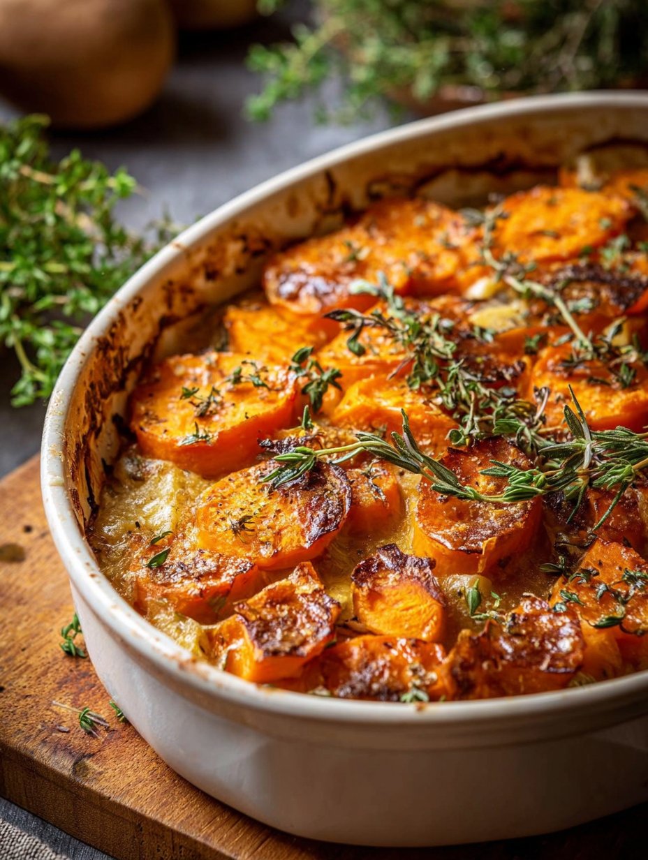 Creamy Garlic Butter Sweet Potato Bake