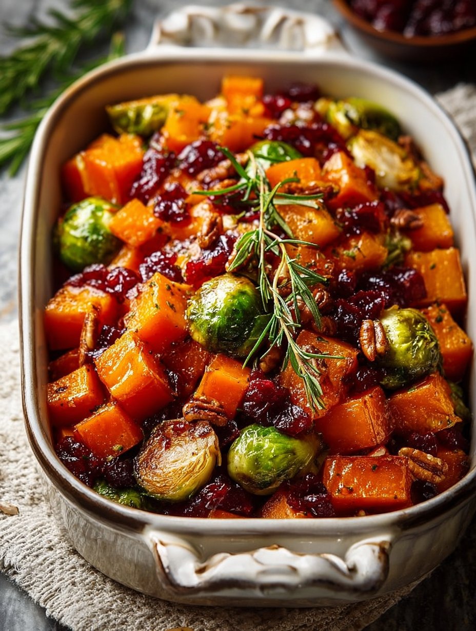 Roasted Butternut Squash and Brussels Sprouts with Pecans and Cranberries