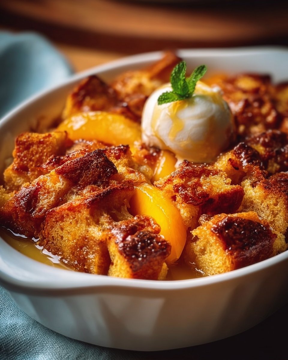 Peaches and Sour Cream Pound Cake Bread Pudding