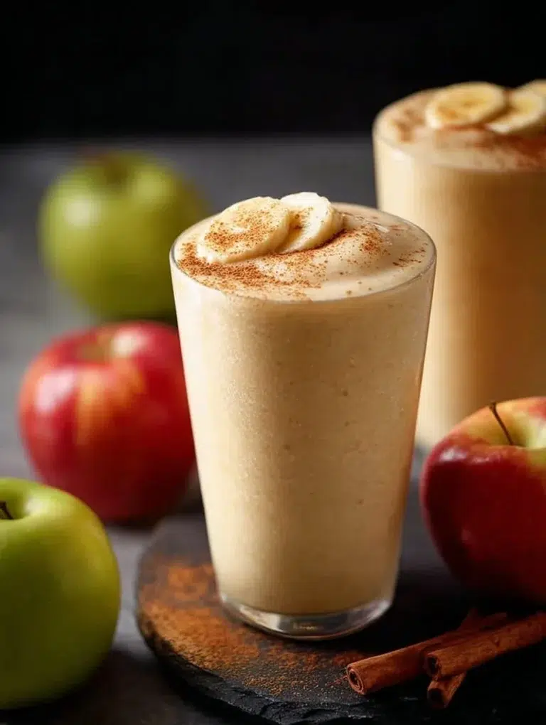Delicious apple pie smoothie topped with cinnamon and apple slices in a glass.
