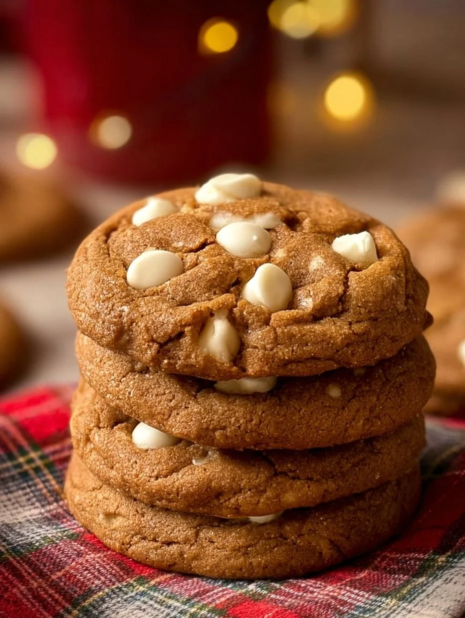 Bakery style gingerbread cookies with white chocolate chips on a rustic table