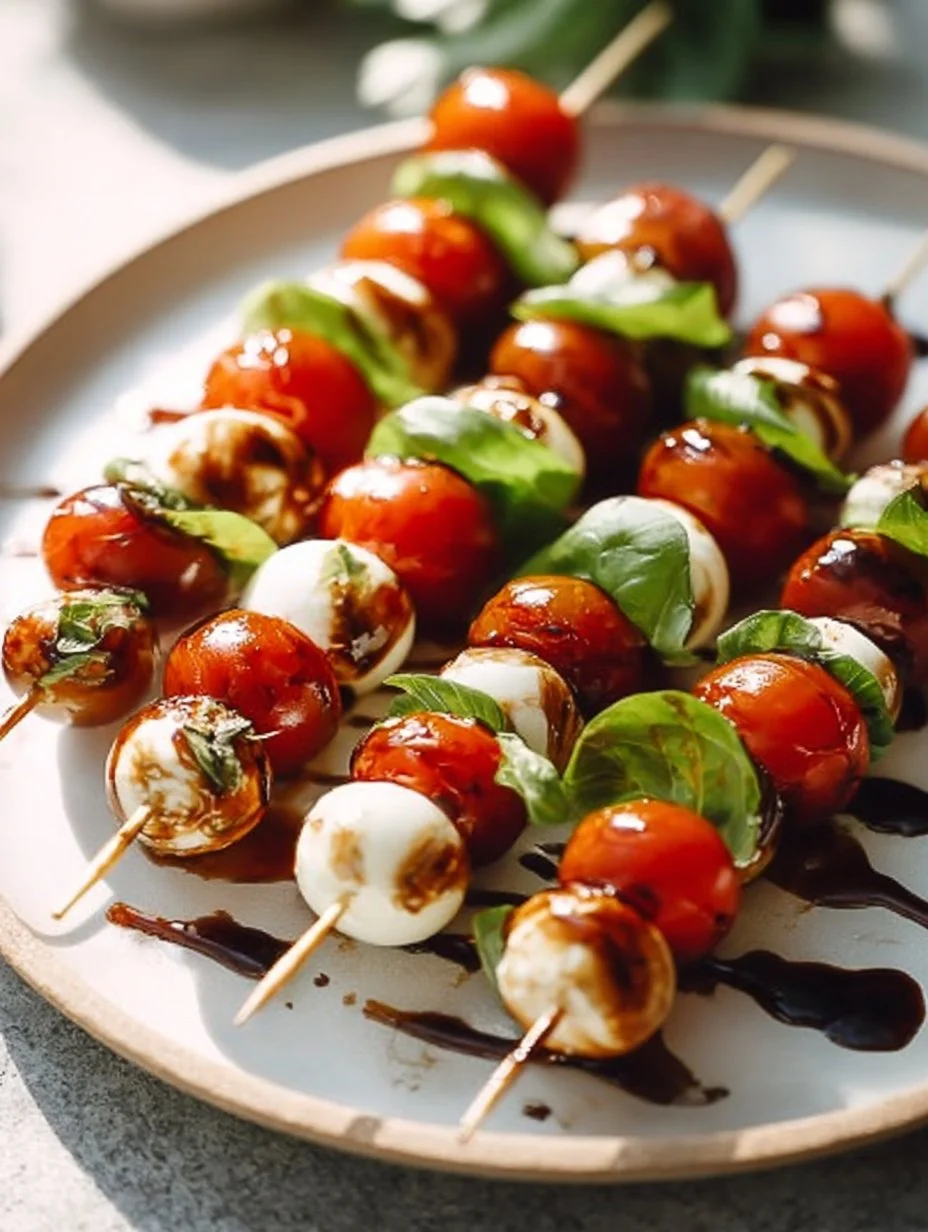 Balsamic Glazed Caprese Skewers with fresh mozzarella, tomatoes, and basil.