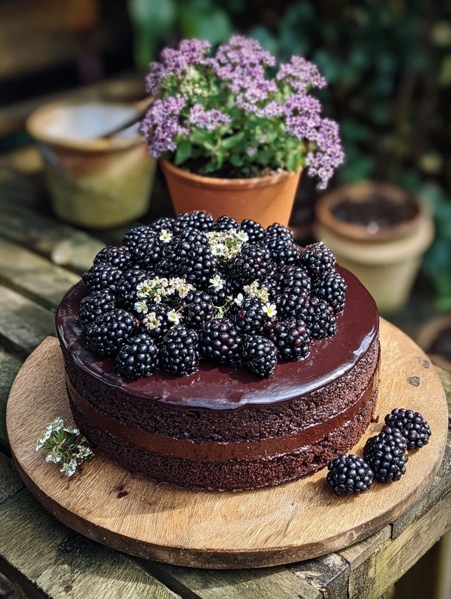 Blackberry Velvet Gothic Cake served on a dark plate with blackberries garnish