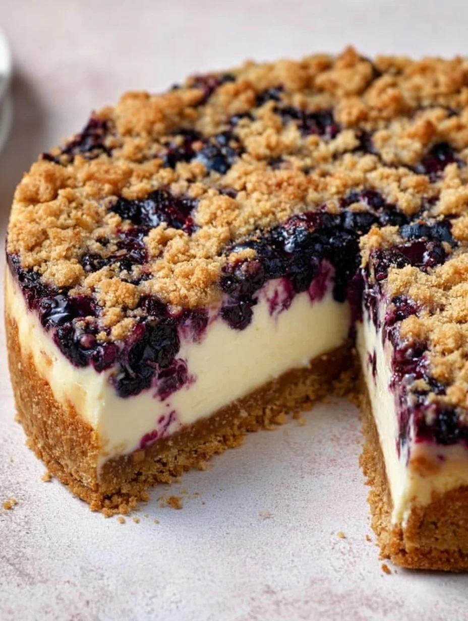 Delicious blueberry cheesecake topped with fresh blueberries and a creamy layer