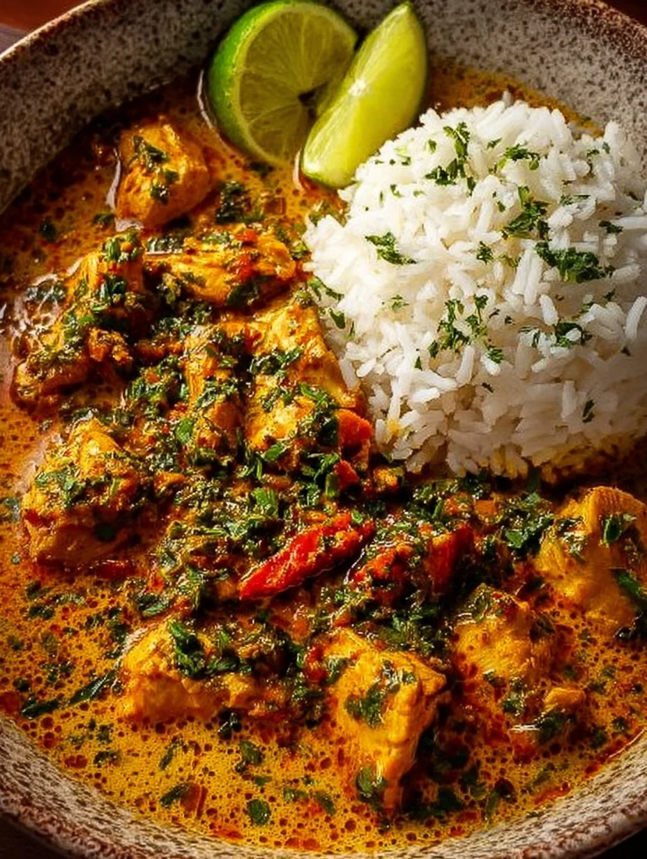 Delicious Brazilian Coconut Chicken served with rice and herbs