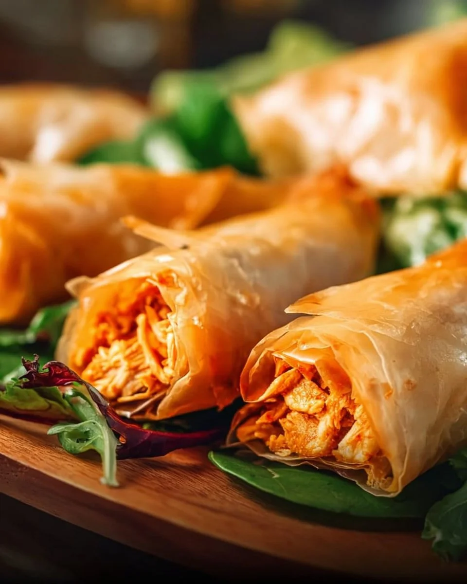 Buffalo Chicken Phyllo Wraps served on a white plate with dipping sauce