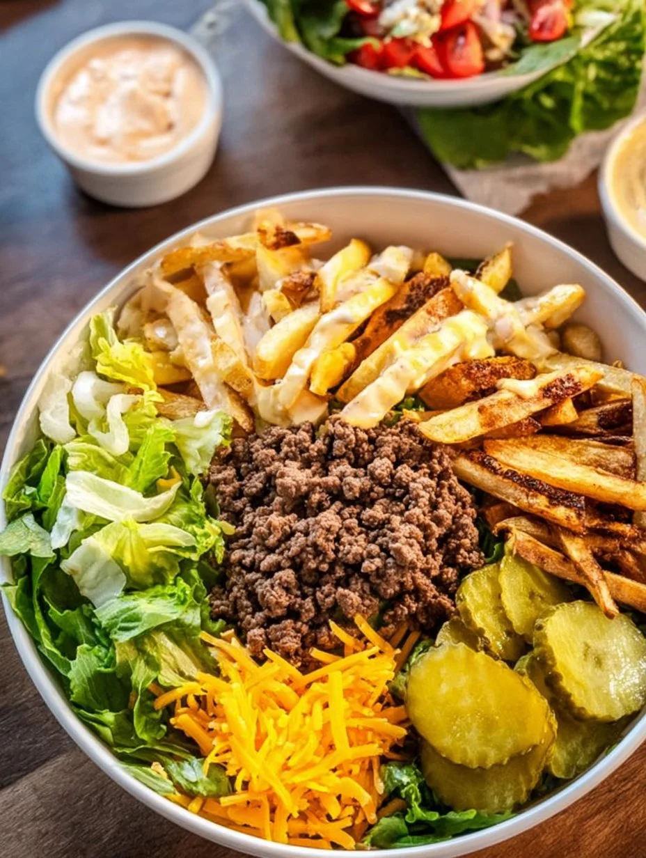 A colorful burger bowl featuring fresh veggies and a juicy patty.