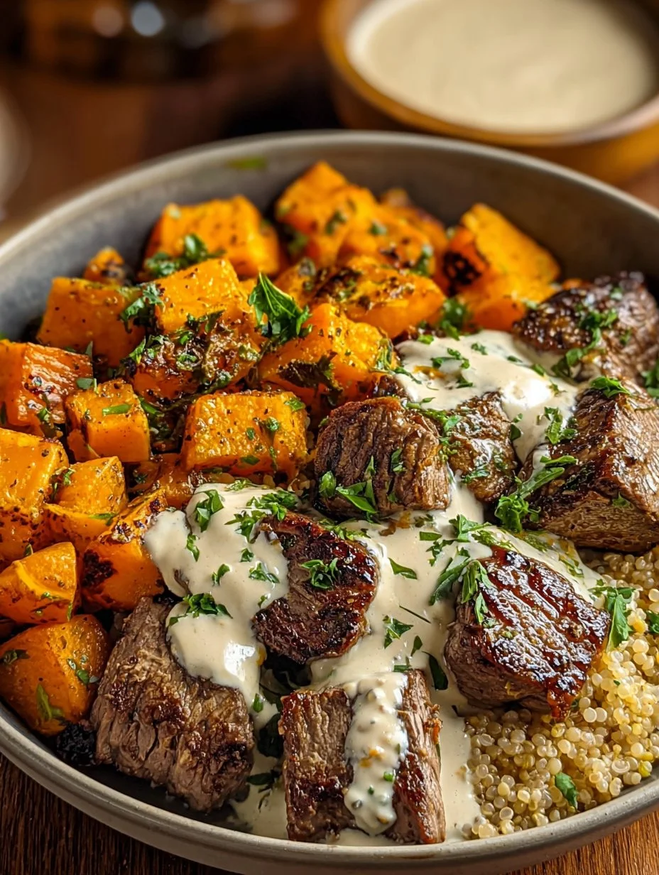 Butternut Squash and Garlic Herb Steak Bowls with fresh ingredients