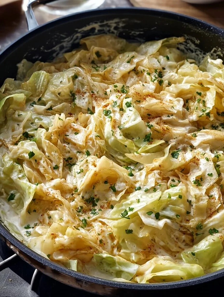 Delicious Cabbage Alfredo served in a bowl topped with fresh herbs