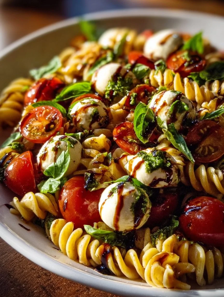 Caprese Pasta Salad with Balsamic Glaze featuring tomatoes, mozzarella, and basil