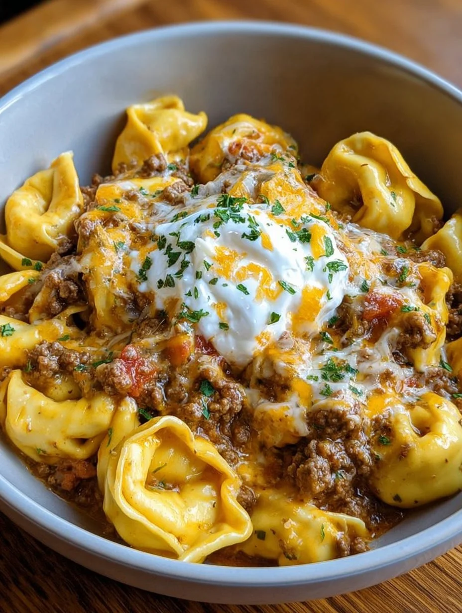 Cheesy taco tortellini dish topped with fresh ingredients