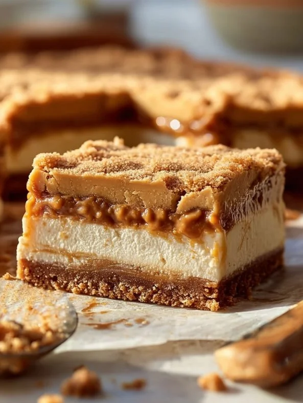 Chewy peanut butter cookie pie bars with crackled tops, made with Greek yogurt.