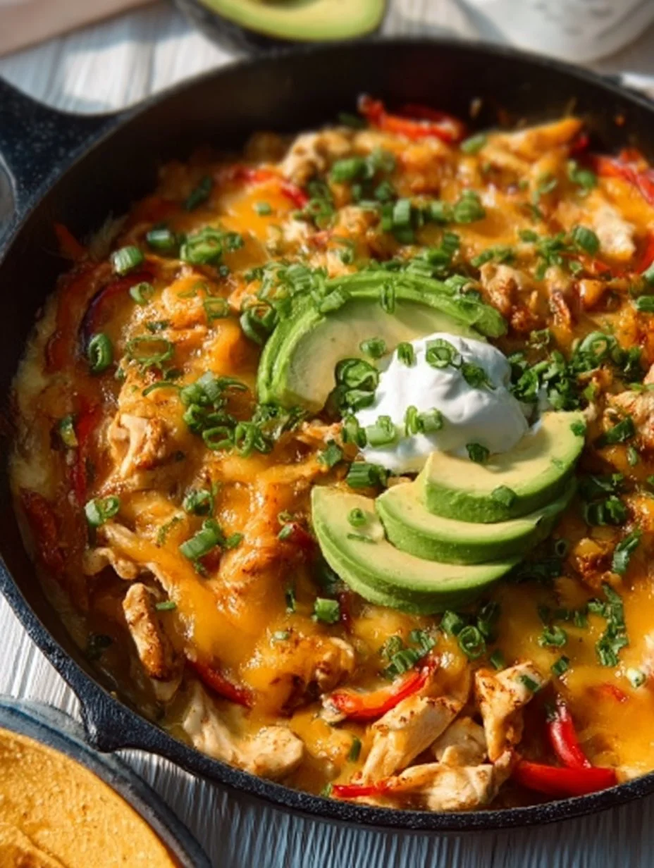 Delicious Chicken Fajitas Casserole topped with fresh veggies and spices.