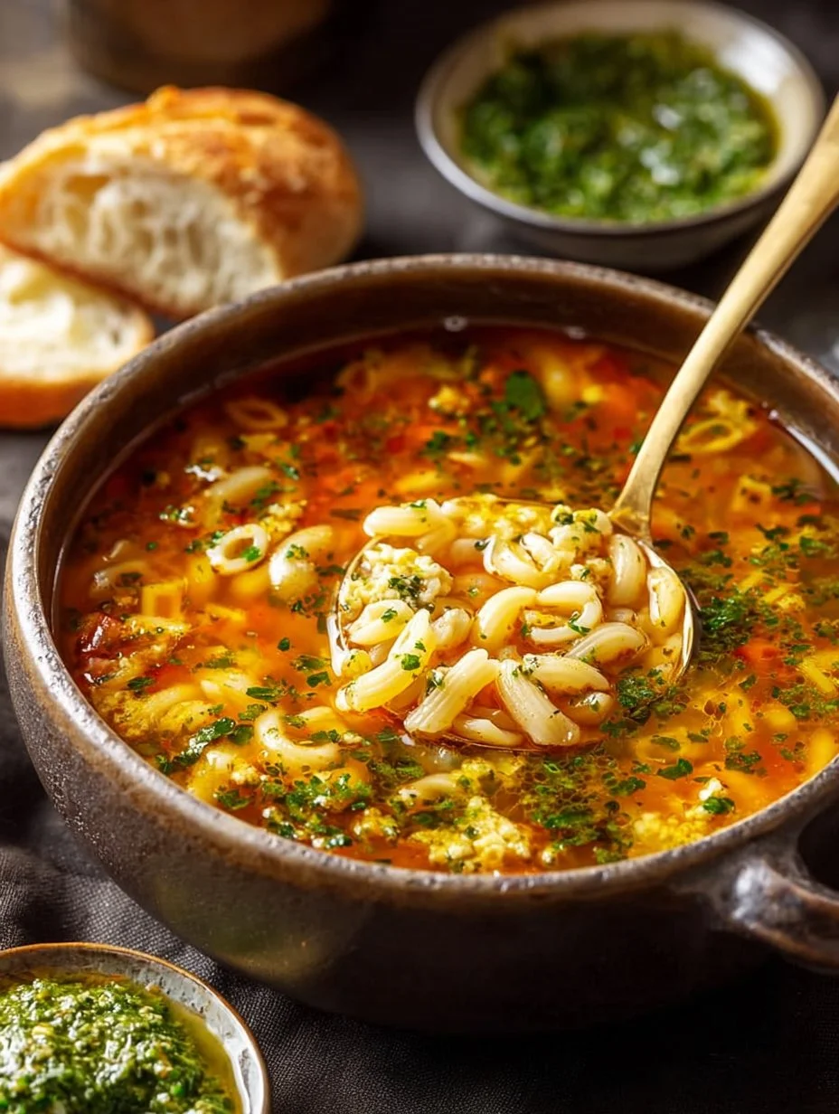 Delicious bowl of Chicken Orzo Tomato Soup with fresh ingredients