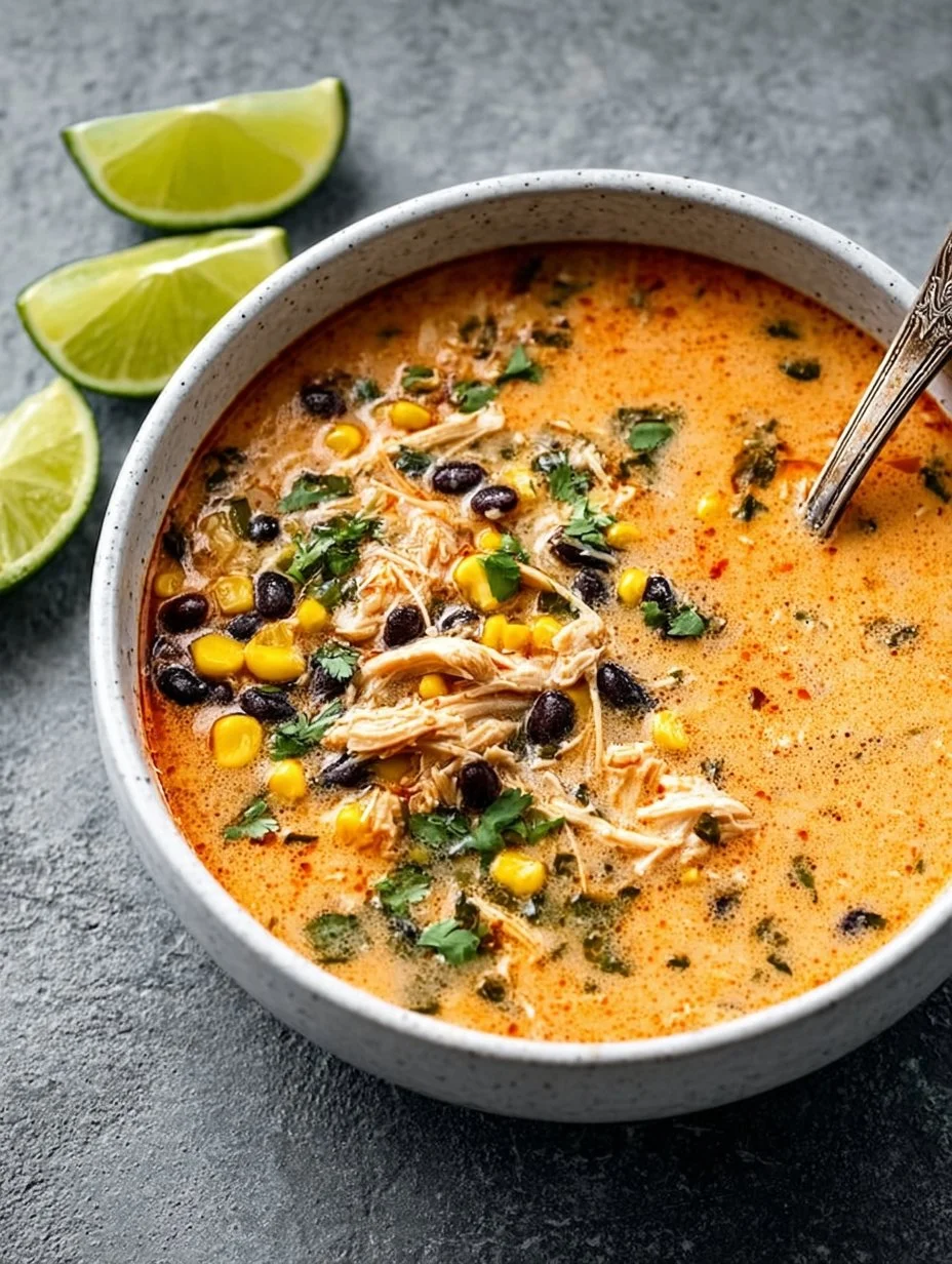 Bowl of savory Chicken Poblano Soup garnished with cilantro and lime