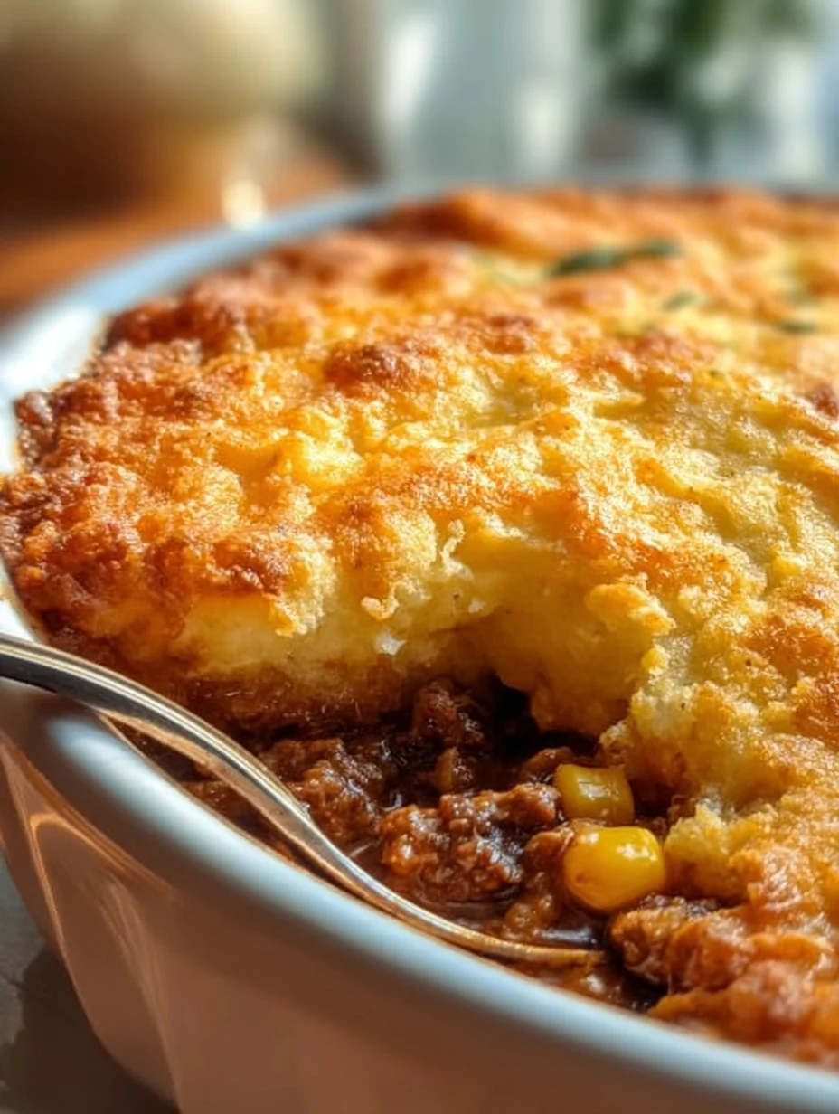 Delicious homemade Chili Cheese Shepherd's Pie served in a rustic dish.