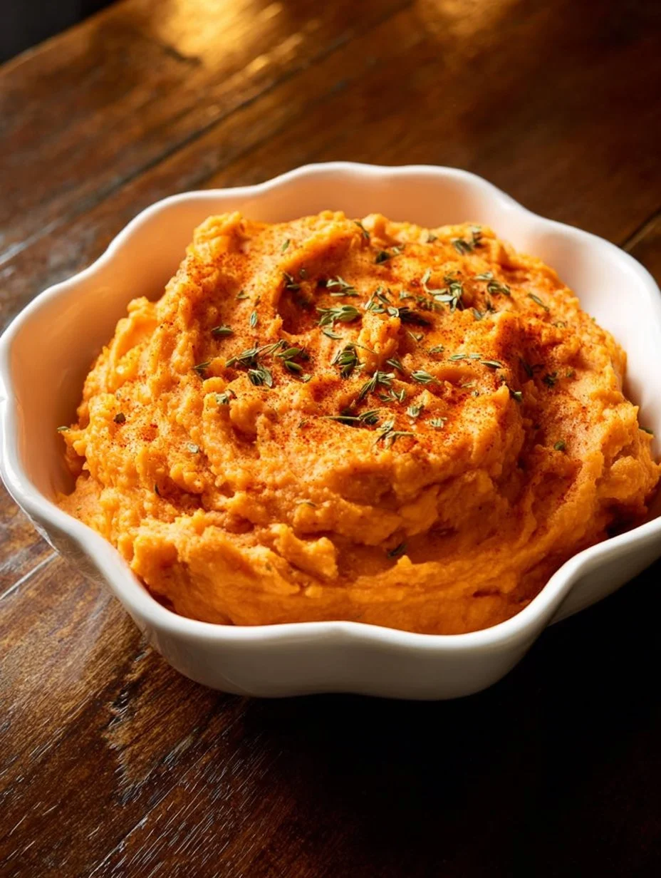 Bowl of Chipotle mashed sweet potatoes with spices and herbs