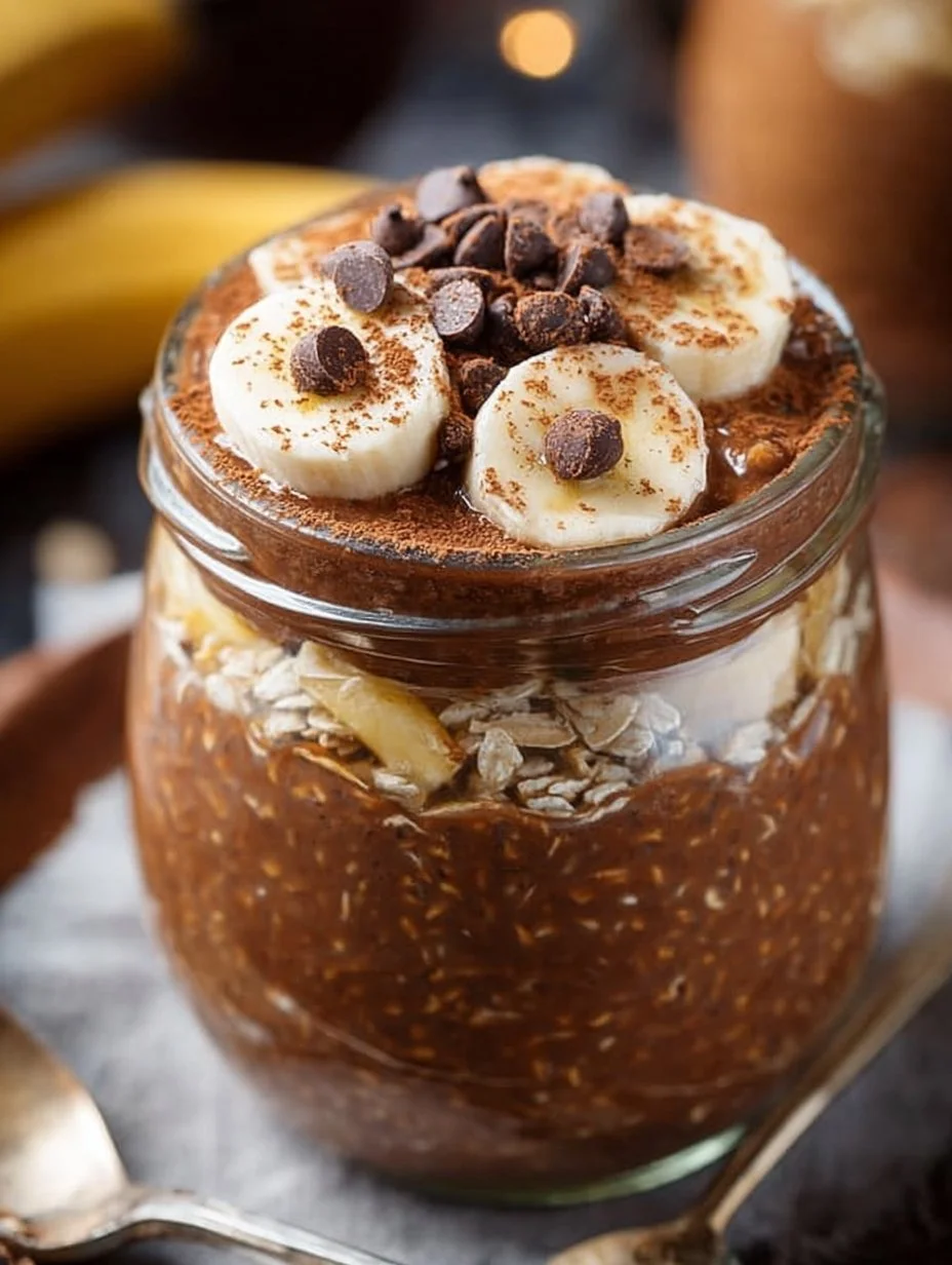 Bowl of chocolate banana overnight oats topped with sliced bananas and chocolate chips